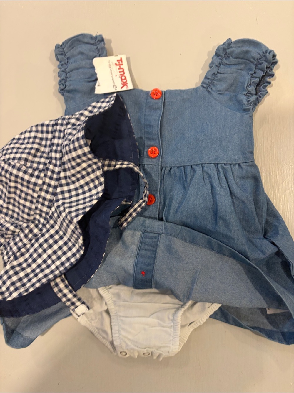Penelope Mack Blue Denim One-Piece with Gingham Hat and Red Buttons